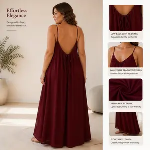 Women's Backless Spaghetti Strap Maxi Dress, Loose Flowy Linen Sundress for Vacation Plus Size Friendly Open-Back Maxi Dress, Relaxed Fit, Floor Length, For Beach & Travel  Nightwear