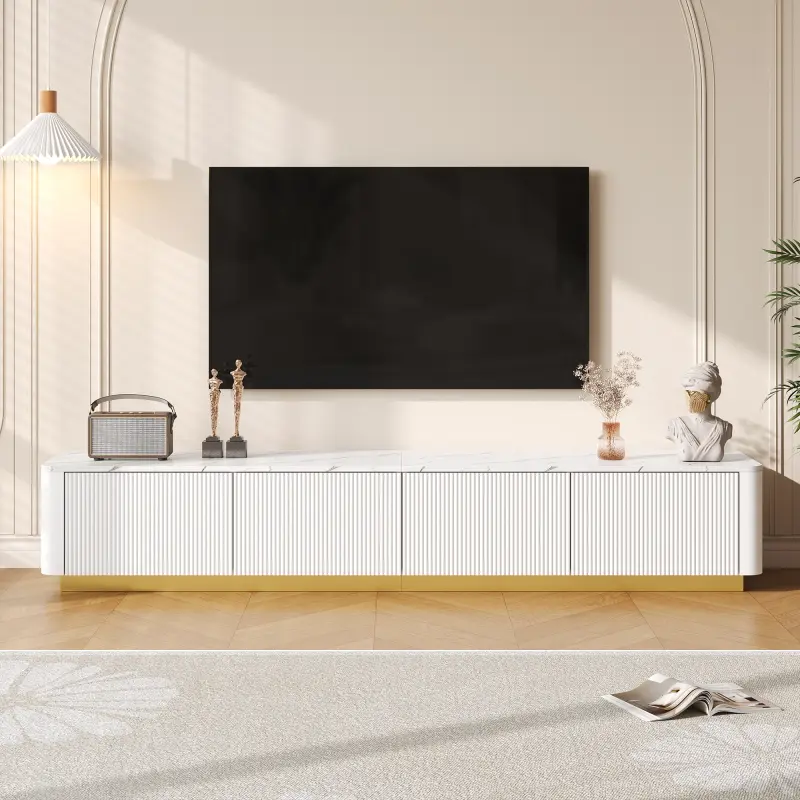 Luxury TV Stand for TVs Up to 85", Faux Marble Tabletop Media Console with 4 Drawers, Curved Profile Design, Modern Entertainment Center with Gold Base for Living Room, White