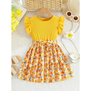 Girls' Patchwork Yellow Romantic Floral Print Dress with Belt, Elegant Princess Skirt Party and Evening Wear, Soft, Suitable