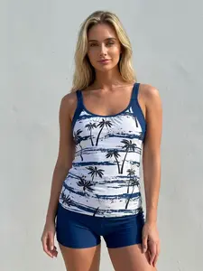 Ruched Navy Blue & White Striped Palm Tree Two Piece Tankini, Flattering Modest Swimwear for Real Bodies, Quick Dry High Elasticity Athletic Fit