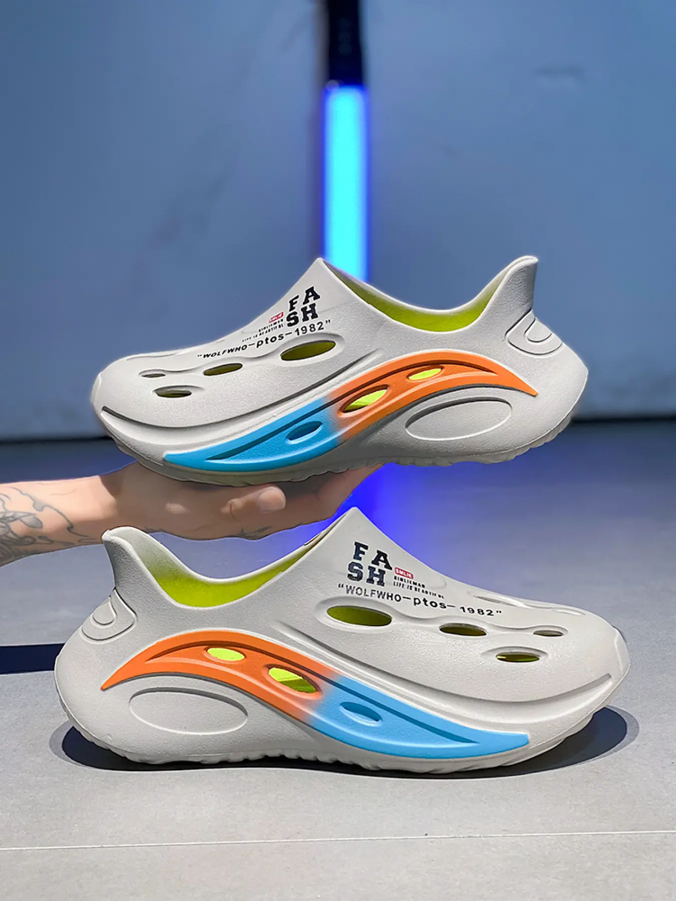 Men's Full Upper Breathable Hollow-Out Sport Clogs, Flame Gradient Side Design, Closed Toe Protection, Thick Cushioned Recovery Sole, One-Piece Durable EVA, Non-Slip Outsole for Beach & Outdoor