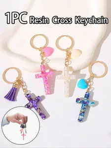 Heart-Shaped Resin Cross Keychain with Tassel Decoration, Jesus Christ Gift for Girlfriend Friend Lady, Ideal Backpack Money Bag Decor, Trendy Cute Keychain