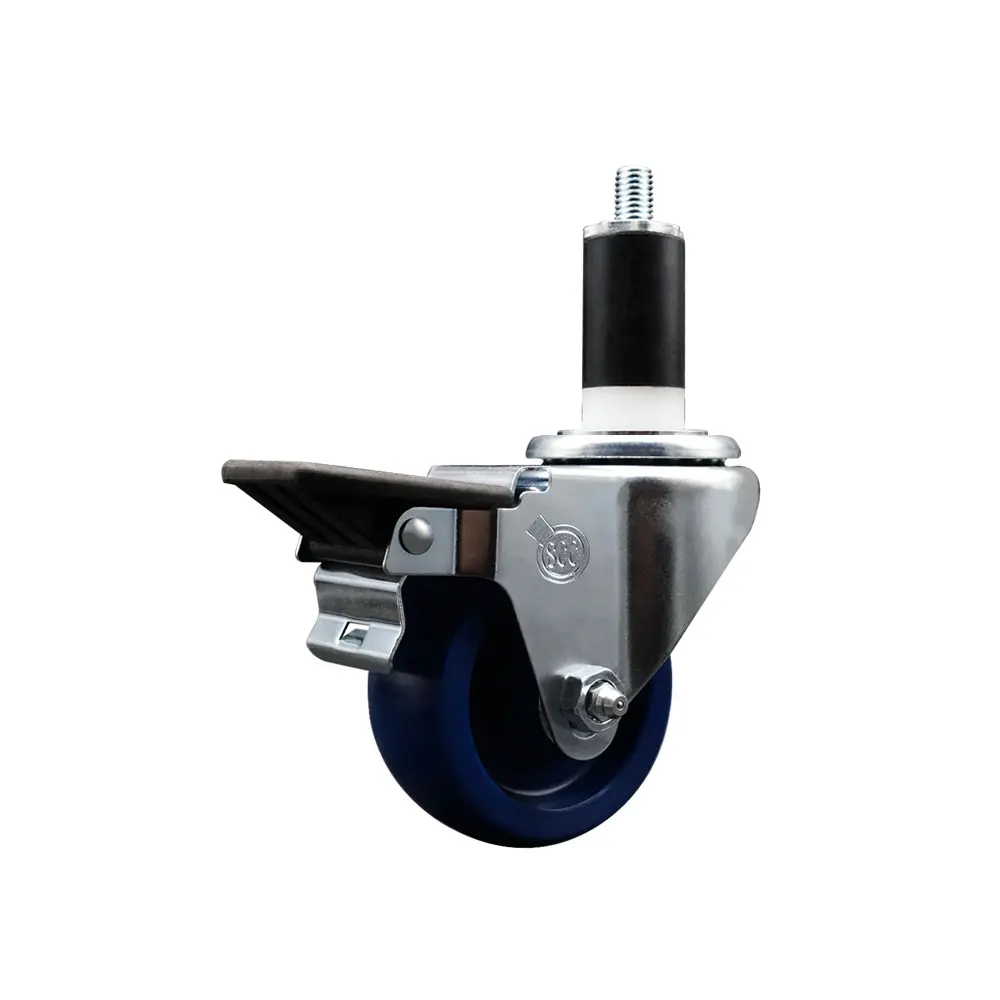 Service Caster SCC-EX20S314-SPUS-PLB-138 Solid Polyurethane Expanding Stem Swivel Caster - 3 in. Blue Swivel Wheels, 1.38 in. Stem, Posi-Locking Brake, 300 lbs Capacity, for Shop Projects