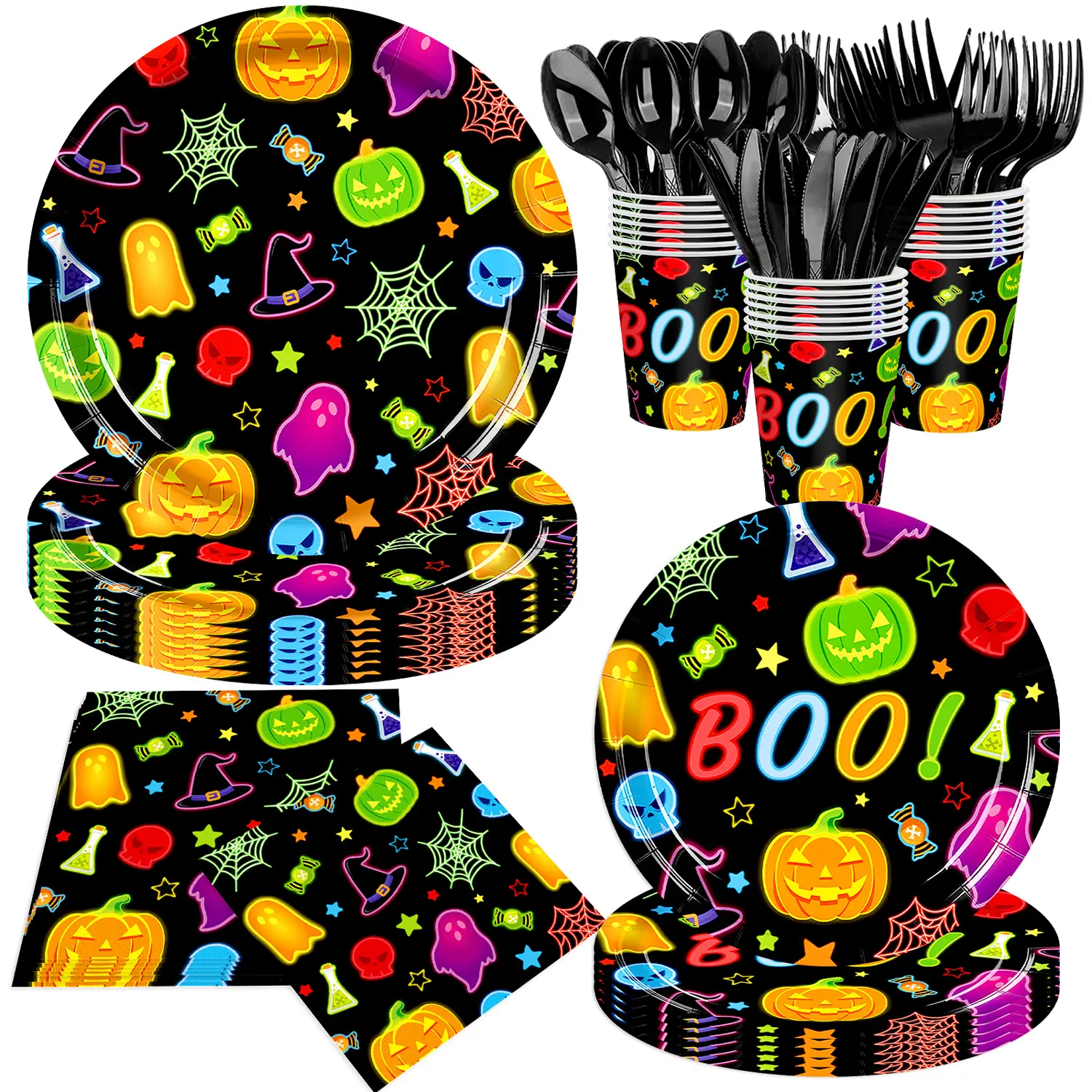 140pcs, Fluorescent Halloween Party Supplies Cute Plates and Napkins, Halloween Party Decorations and Pumpkin Paper Plates, Birthday Party Tableware Set, Serves 20 Guest