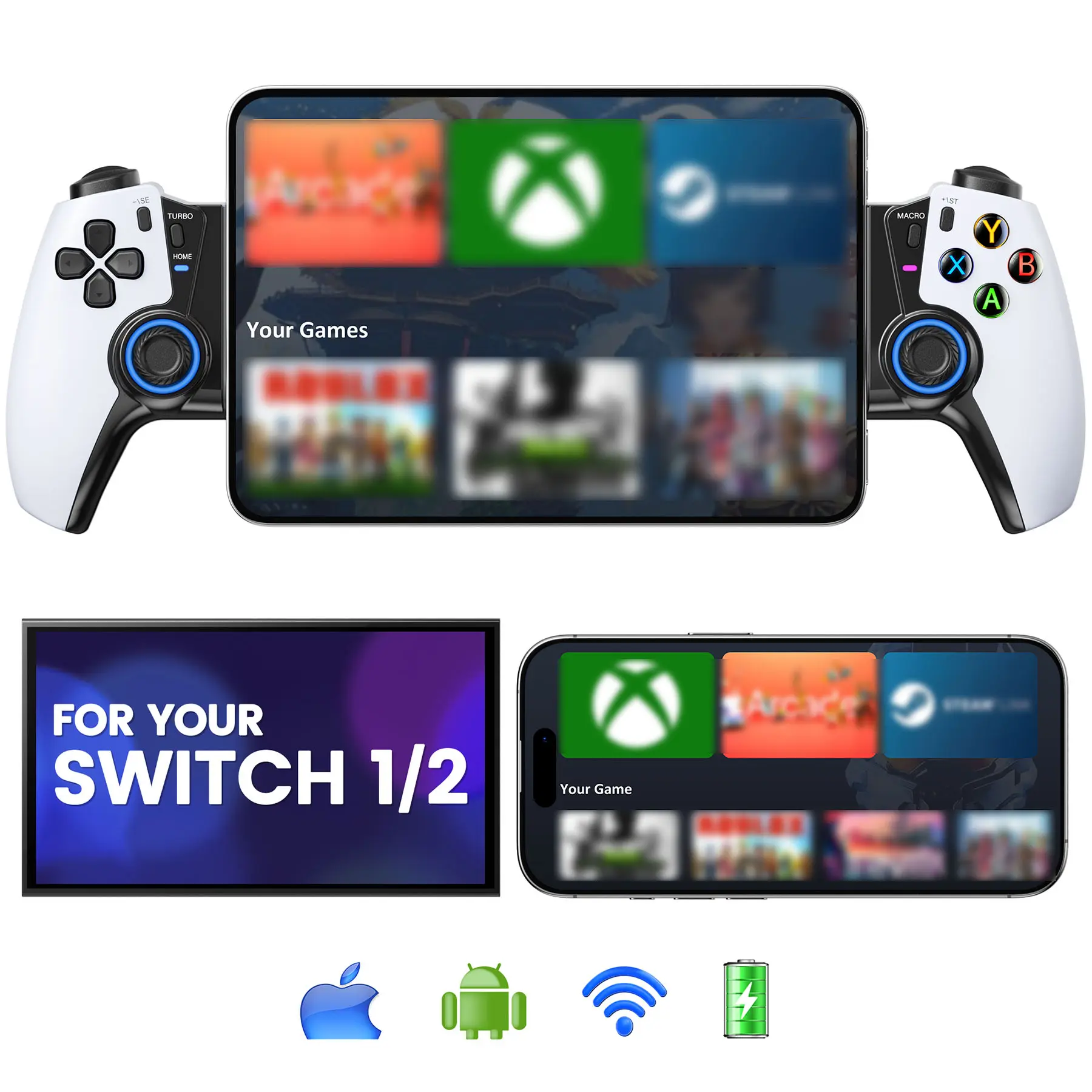 Wireless Mobile Game Controller with Hall Effect Joysticks, Triggers, Rubber Grips, LED Light, RGB Lights, 14-Hour Batteries, Port-Enabled for Smartphone (Android/iPhone 15/16 Series), Switch 2/Switch OLED, iPad Mini, Xbox Cloud, Call of Duty, Steam Link