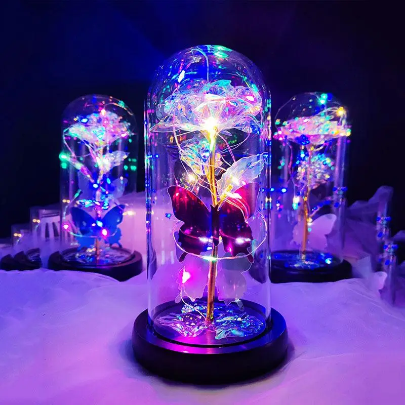 Artificial Flower Decoration for Dressers, 1 Count Sweet Furniture Glowing Glass Dome Flower for Home Decor, Romantic Decorative Flower for Home & Par