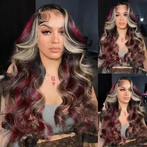 Black Red Blonde Highlights Human Hair Body Wave Wigs 13x4 Transparent Lace Front Wigs Pre Plucked with Baby Hair Brazilian Glueless Frontal Wig 180% Density Blonde Red Highlights Wig Body Wave Lace Front Wig