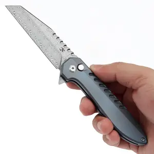 KANSEPT Kosame Damascus Button Lock Knife for Everyday Carry, Camping & Knife Collectors – Titanium & Carbon Fiber/G10 Handle,3.37"  154CM Blade Designed by El Spade