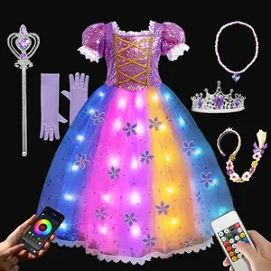 UPORPOR Light-Up Princess Dress for Girls Purple Pink Halloween Christmas Costume with 100+ LED Modes, Music Sync, Accessories (Ages 3-9)
