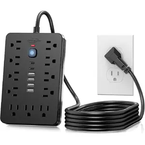 6 FT Flat Plug Surge Protector Power Strip,11 Multiple AC Outlets with 6 USB Ports (2 USB C), 6 Feet Extension Cord, 1250W/10A, One Touch Switch Button, 17 in 1 Compact powerstrip