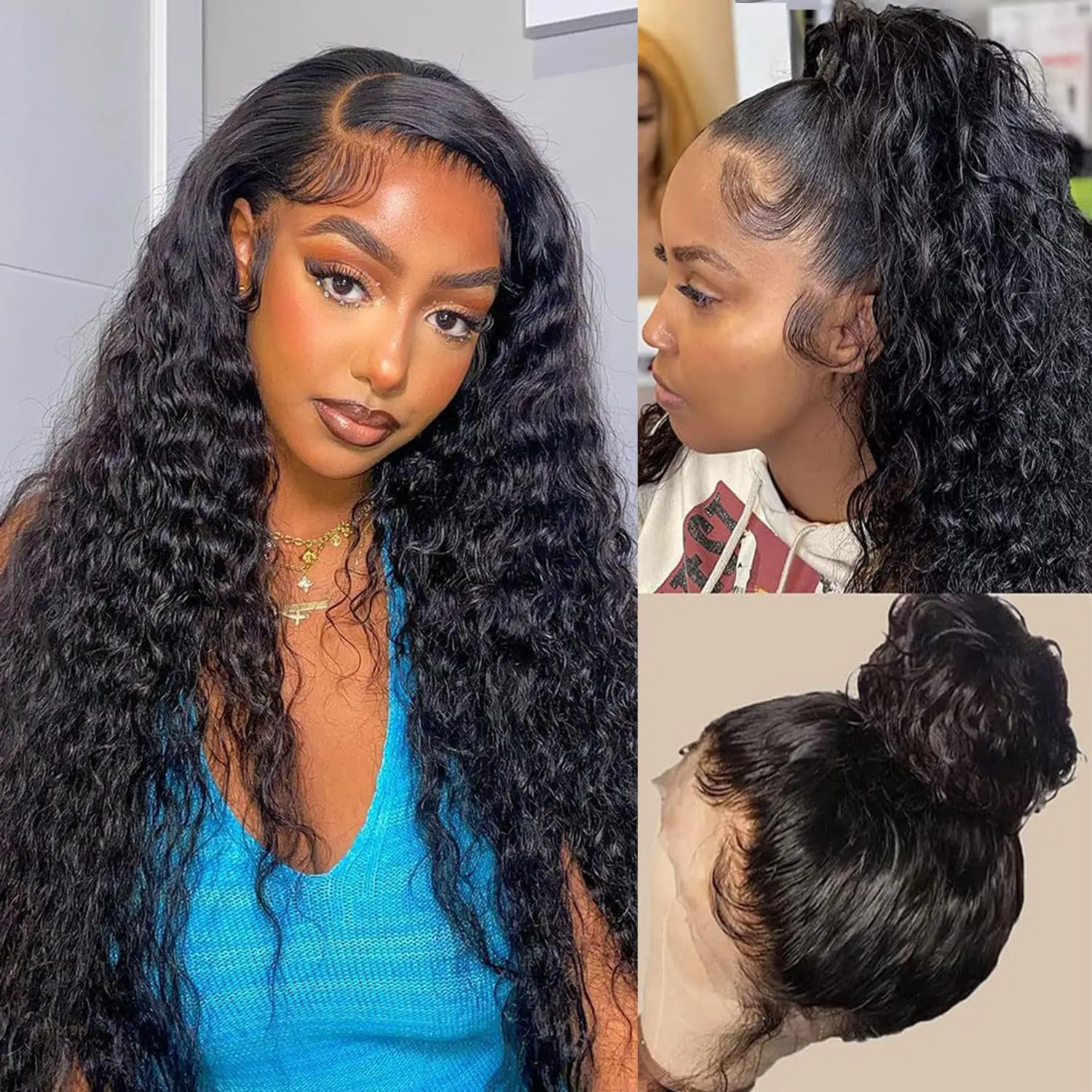 Women's 360 Lace Front Human Hair Wig - 360° Deep Wave, Pre-Plucked, Hidden Strap, Drawstring, Scalp-Kind Glueless, Smooth Wavy Human Hair Wig