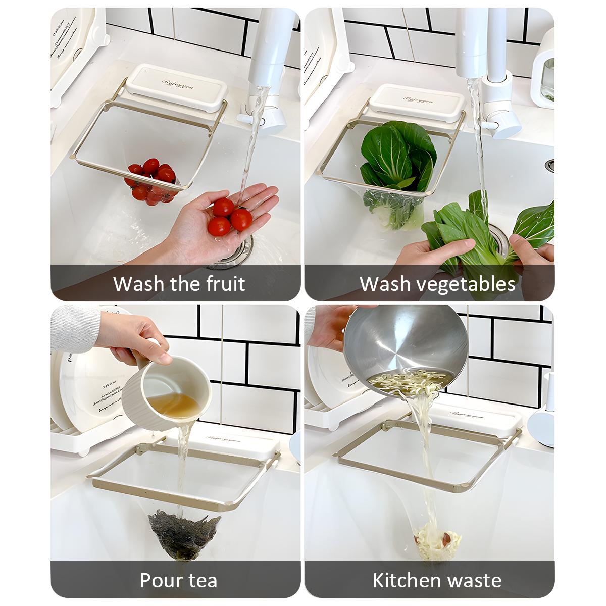 White Foldable Kitchen Sink Filter Basket, Rotatable Drain Strainer with 100 Disposable Mesh Bags, Food Catcher Gadget