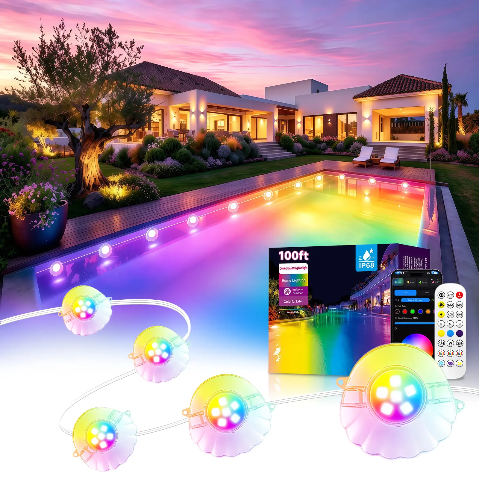 50/100/150ft RGB Pool Lights for Inground/Above Ground Pools,Plug-in Light Strip with IP68 Waterproof,App & Remote Control, 44+ Modes & Music Sync, 16M Colors for Large Swimming Pools Decor