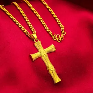 24K Gold Filled Necklace Boss Flat 3mm Chain 50cm Long Original Design Large Size Cross Pendant Wholesale Jewelry,romantic,men's