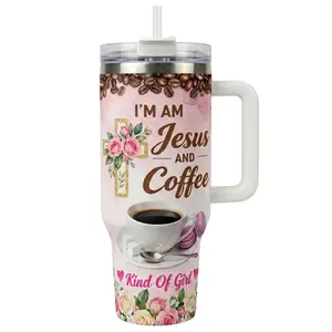 1pc Stainless Steel Cup Tumbler 40ozInsulated Water Bottle,Funny Design With Jesus and Coffee Floral Cross Double-layer insulation Leakproof Large Capacity, Needed for Gym, Hiking, Travel Ideal Birthday Chri