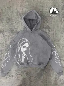 Men's Fashion Print Cotton Hoodie, Graphic Hoodies, Fall Winter Washed Vintage Style, Casual Fitted Sweatshirt, Multiple Colors Available