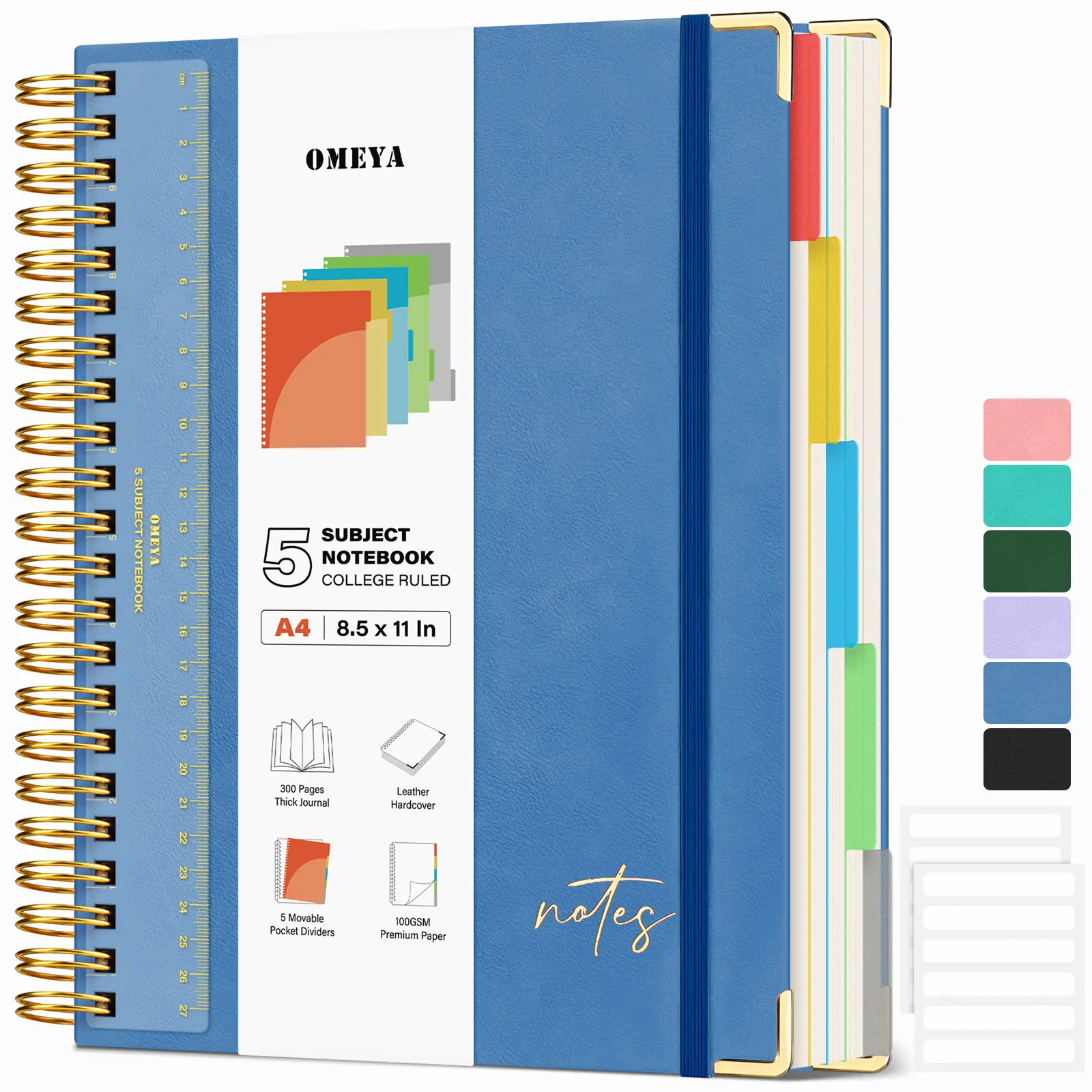 OMEYA 5 Subject Spiral Notebook, College Ruled Hardcover Notebook with 5 Removable Pocket Dividers, 8.5 x 11 in, 300 Pages, 100 GSM Thick Paper, PU Leather, Ruler & Labels for School, College, Work & Study
