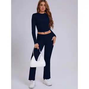 Two-Piece Set Women's Solid Color Long Sleeve Crop Tee & Flare Leg Pants, Casual Fashion Cozy Round Neck Top & Bell Bottom Trousers for Daily Outdoor Wear, Women's Clothing for Fall & Winter