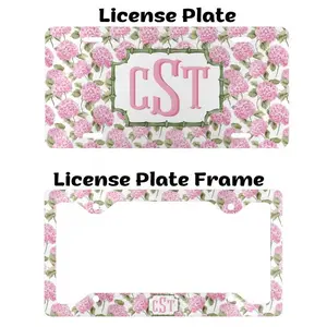 Monogram Pink Hydrangea License Plate and Frame, Personalized Floral Car Decor, Custom Car Accessories for Women, Birthday Gift