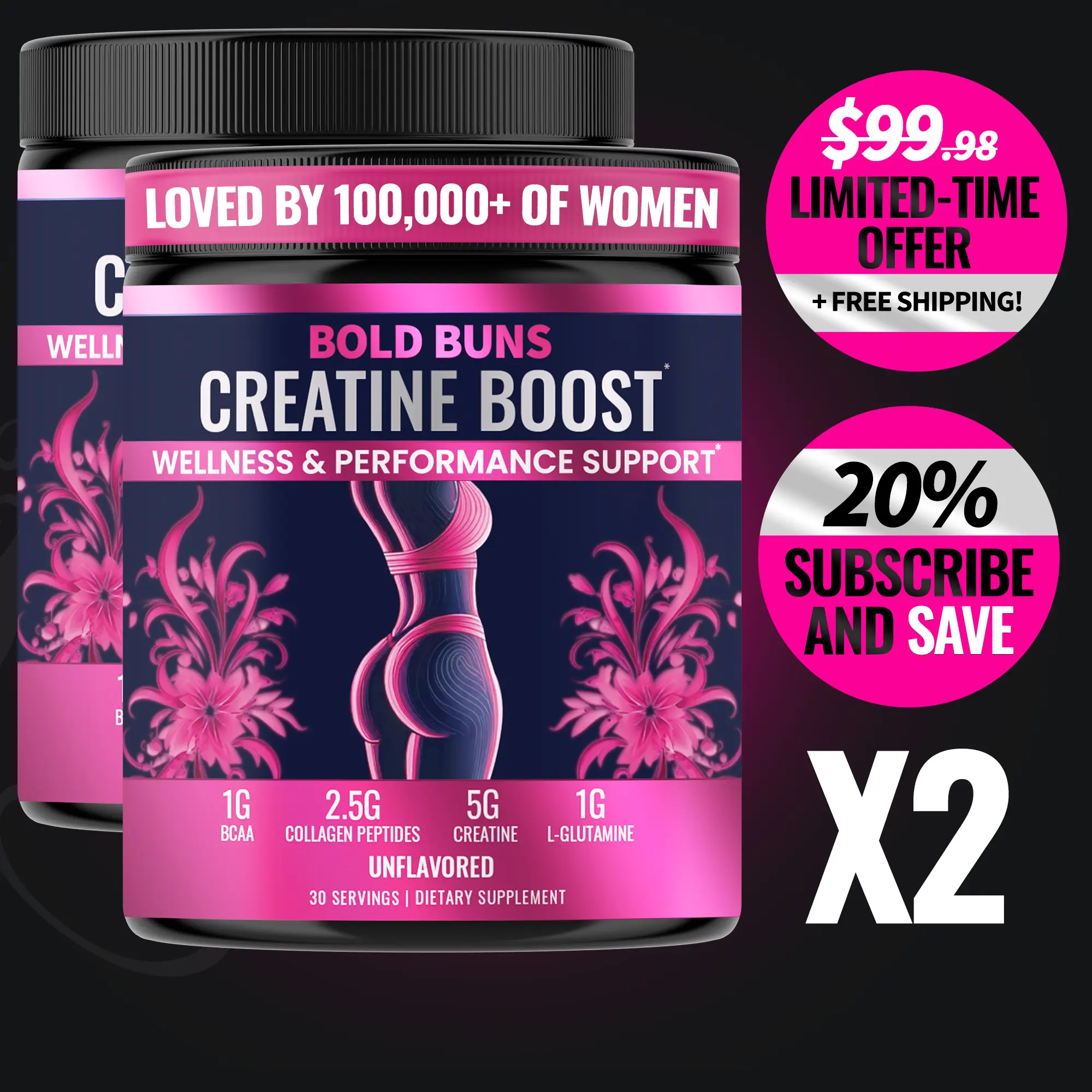 2 Pack | Bold Buns Creatine for Women – Build Strength, Support Skin Glow & Hair Heath, Recover Faster - Buy One, Get One Free
