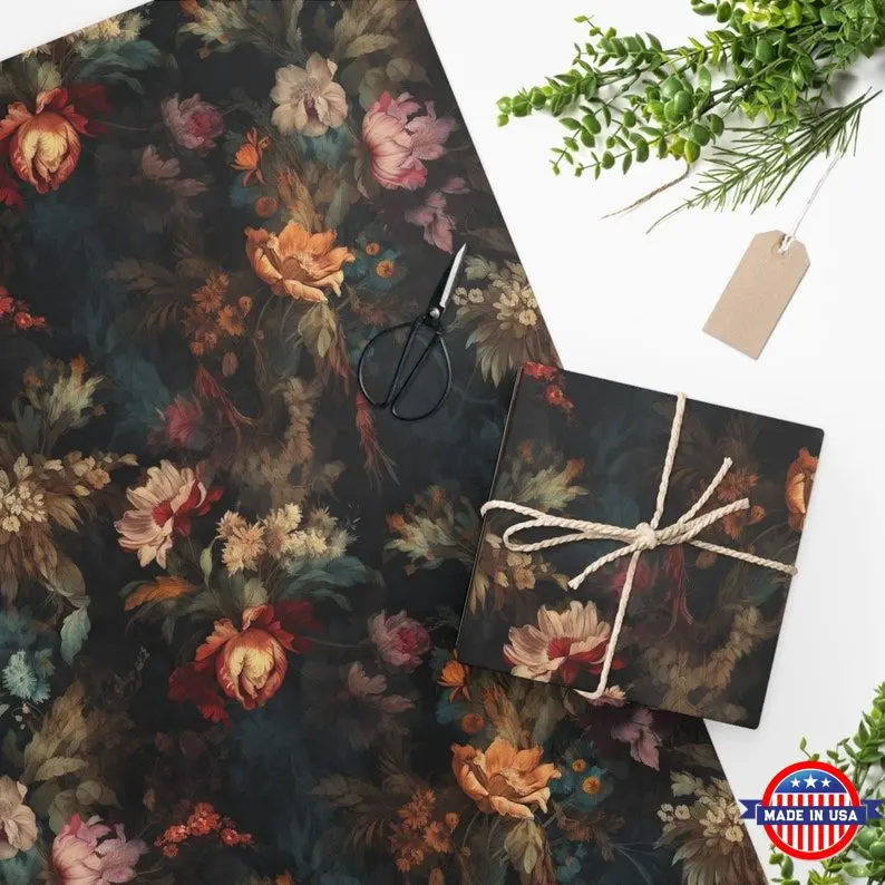 Baroque Dark Floral Pattern Wrapping Paper Bright Flowers Dark Floral Paper Birthdays Present Christmas Gift Decoupage Wrapping Paper Sheet