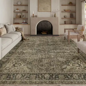 【Black Friday】PureCozy Washable Brown Vintage Area Rug for Living Room Bedroom Large Traditional Low Pile Soft Carpet Non-Slip Thin Retro Distressed Accent Throw Rug for Dining Room Office Kitchen Indoor