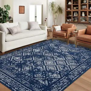 Washable Area Rug Moroccan Style Rug Distressed Floral Rug Low Pile Soft Carpet House Rug for Living Room Dining Room Office Dark Blue