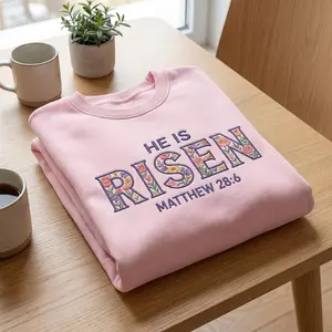 He Is Risen Floral Embroidered Easter Sweatshirt, Faith-Based Resurrection Sunday Gift, Religious Spring Crewneck Pullover