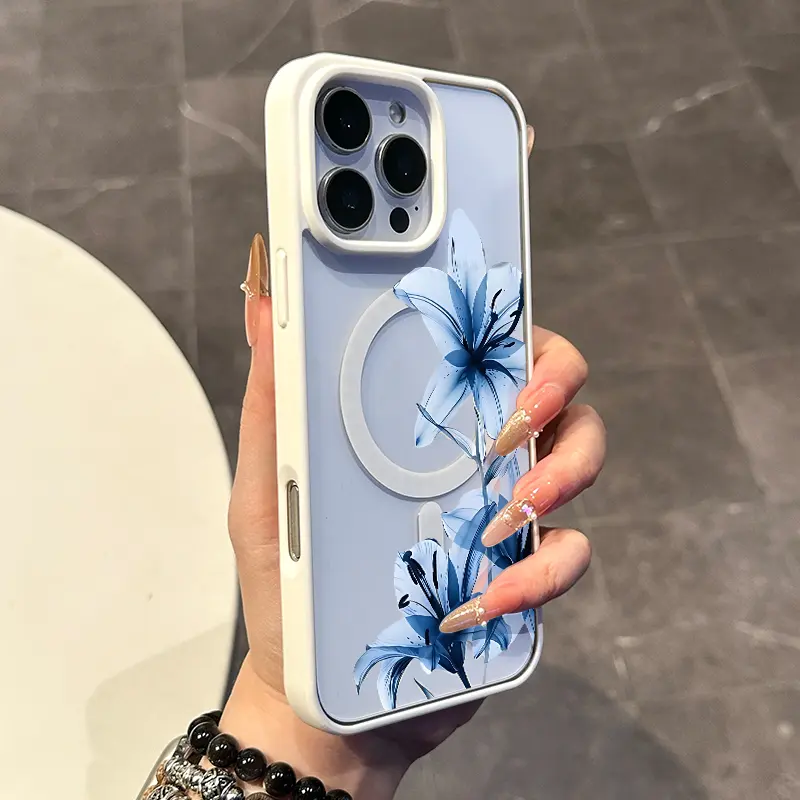 Magnetic Compatible Silicone Case for iPhone 17,16 E Pro Max,15 Plus,14,13,12,11,XS,XR Smartphones - Coquette Blue Lily Close-up Style, Handheld Cellphone Devices Protection, Lightweight, Shockproof, Resistance, Girly, Smartphone, Casing