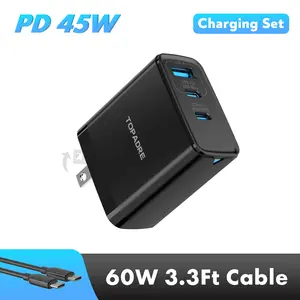 TOPADRE 45W PD Fast Charger, 3-Port Fast Charging Adapter with Indicator Light, Free 3.3ft Cable Include, Charger for iPhone 17/16 Series & Samsung Galaxy Series - Black Set
