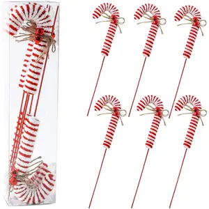 6 count Christmas Tree Decorations Picks,Red White Woolen Candy Picks 14 Inch Xmas Tree Topper Ornaments for Christmas Wreath DIY Craft  Vase Filler Party Supplies