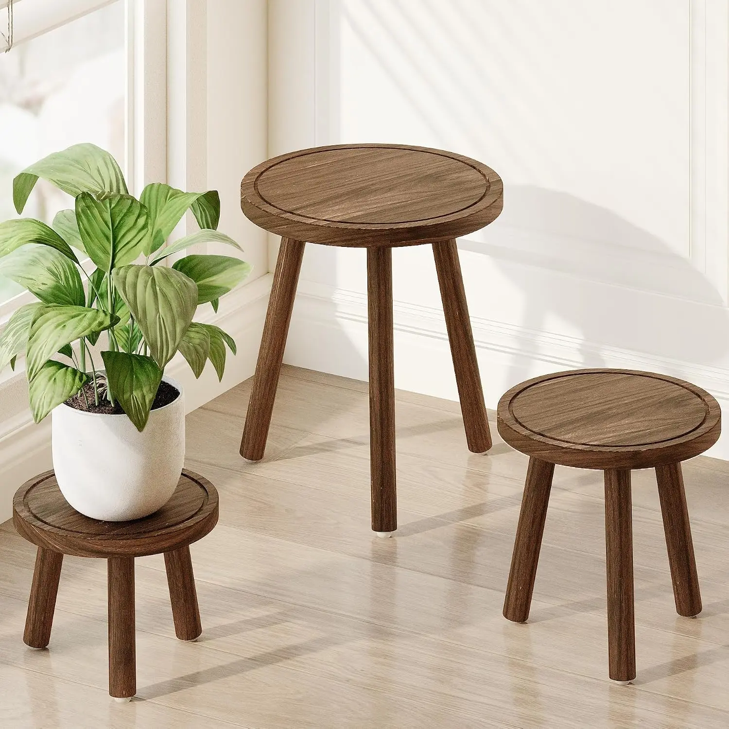 Bamworld Plant Stands Indoor 3 Pack Single Plant Stand for Multiple Plants Corner Plant Stool Wooden Plant Stands for Patio Garden Balcony Living Room Bedroom(Brown)