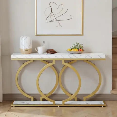Spaco Rectangular Traditional Gold Marble-Like Console Table (55x11.8in) - Narrow Long Modern O-Shape Gold Metal-Tone Pedestal with Adjustable, Wobble-Free Feet for Living Room, Entryway Indoor Accent Piece