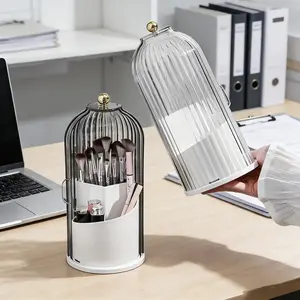 360° Rotating Desk Organizer Transparent Dustproof Anti-Slip with 3 Slots Waterproof Drainage Design for Office Supplies Pens Makeup Brushes & More Perfect Gift for Organizing Enthusiasts Desk Tidy