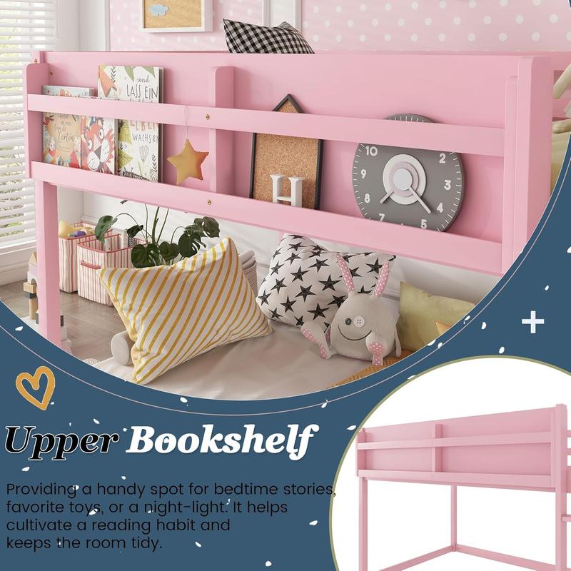 Twin Low Bunk Beds Frame, Wooden Bunk Bed Frame Twin Over Twin, Convertible Floor Bunk Bed with Storage Shelf & Ladder, No Box Spring Needed (Pink) Twin Low Bunk Beds Frame, Wooden Bunk Bed Frame Twin Over Twin, Convertible Floor Bunk Bed with Storage Shelf & Ladder, No Box Spring Needed (Pink)