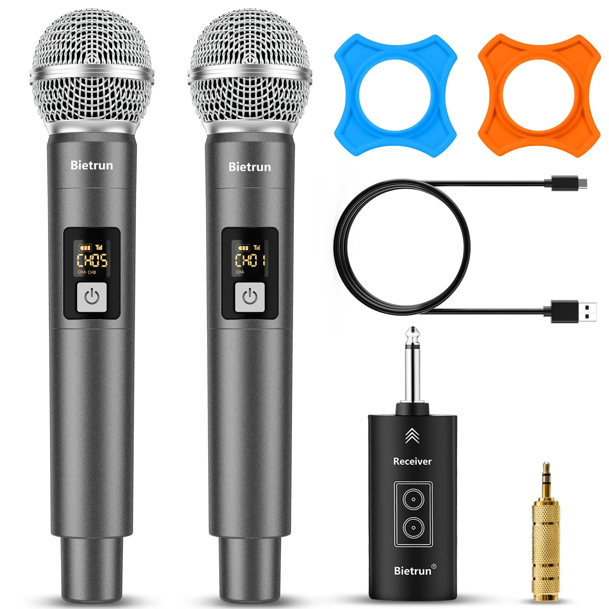 Bietrun WXM31-2 Rechargeable Dual Cordless Dynamic Handheld Wireless Microphone with Receiver, Bluetooth Lock Plug, Rechargeable Battery, Batteries for Wedding, Party, Karaoke Machine, Singing Audio