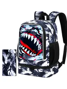 2 In 1 Shark Backpack for Boys, 17" Kids Bookbag with Lunch Box, School Backpacks for Elementary Preschool Kindergarten (Black)