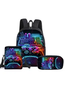 Game controller pattern printed 16 inch Gamer backpack set three piece set (single-layer backpack+small shoulder bag+single-layer pencil case)