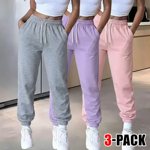 Women's 3-Pack Lightweight Casual Training Pants - Drawstring Waist Jogger, Pockets, Fashion Activewear, Sweatpants for Gym, Everyday Wear