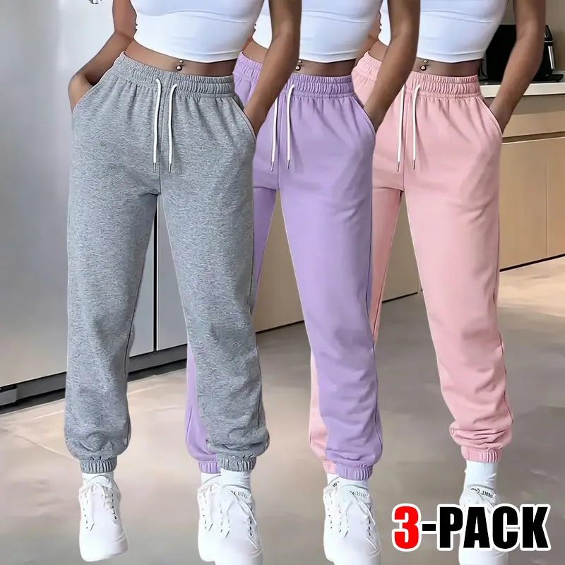 Women's 3-Pack Lightweight Casual Training Pants - Drawstring Waist Jogger, Pockets, Fashion Activewear, Sweatpants for Gym, Everyday Wear