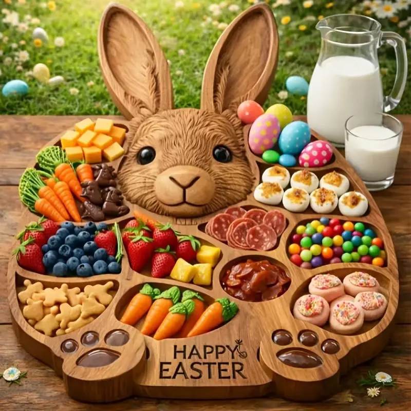 1 Easter Bunny Shaped Wooden Plate - Easter Happy Multi Grid Cold Plate, Hand Carved Tray, Suitable for Brunch, Parties, And Family Gatherings, Suitable for Easter Table Decoration