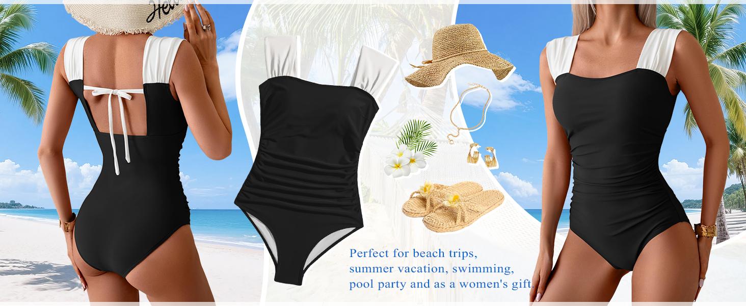 B2prity Womens One Piece Swimsuit Retro Square Neck Tummy Control Bathing Suits Ruched Modest Full Coverage Swimwear B2prity Womens One Piece Swimsuit Retro Square Neck Tummy Control Bathing Suits Ruched Modest Full Coverage Swimwear