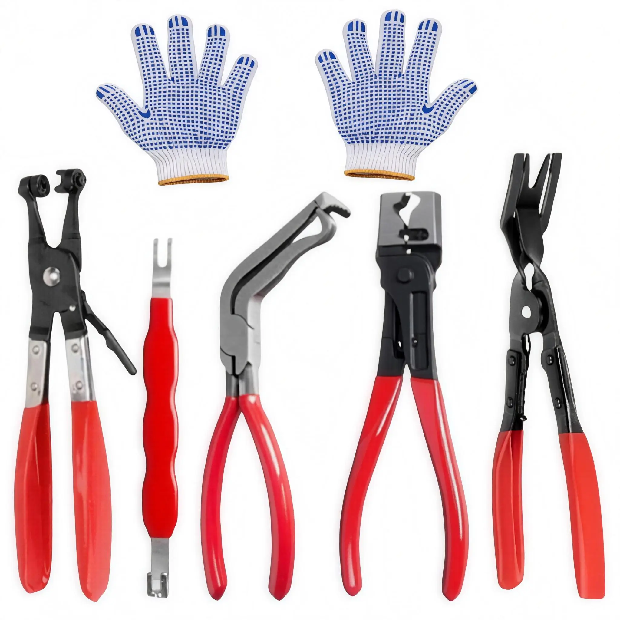 5-Piece Multipurpose Plier Set, 5-Tool Automotive Repair Kit with 1 Pair Gloves, High-Carbon Steel 60° Angled Connector Separator, Hose Clamp Pliers, Trim Clip Remover, Plug Release & Wire Terminal Tool for Car Repair, 5‑Tool Repair Set