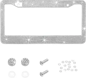 Bling, Rhinestone, White, License Plate Frame, Rustproof Car Tag Holder with Screws, Fits Standard US Cars Trucks