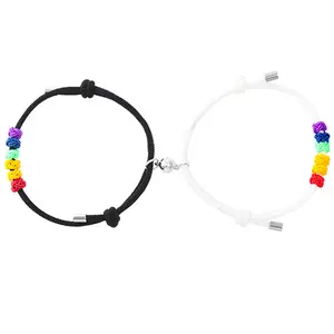 OIDEA Rainbow Heart Magnetic Pride Couples Bracelets, Stainless Steel Adjustable Cord LGBTQ Wristbands, 2 Piece Gift