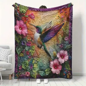 1 Piece Bohemia Style Grids Colorful Hummingbird and FloralsPrinting Flannel Blanket - Soft, Warm, All Seasons Throw, Suitable for Sofa, Bed, Office and Travel - Bright Mixed Colors, Machine Washable, Perfect Gift for Family and Friends