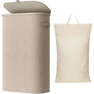 Slim Laundry Basket with Lid, Narrow Laundry Hamper with Plastic Handles and Removable Bag, Tall Foldable Dirty Clothes Hampers for Laundry Room, Bedroom, Bathroom, Dorm, 65L Beige