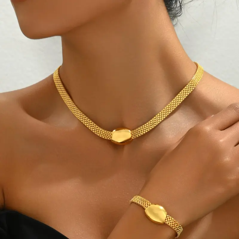 Women's Elegant Texture Metal Design  Necklace & Bracelet & Stud Earrings, Exquisite Trendy Matching Jewelry Set, Fashionable Accessories for Party & Daily Decor, Glamour Set, Necklace And Earring Set, Jewellery Gift Set