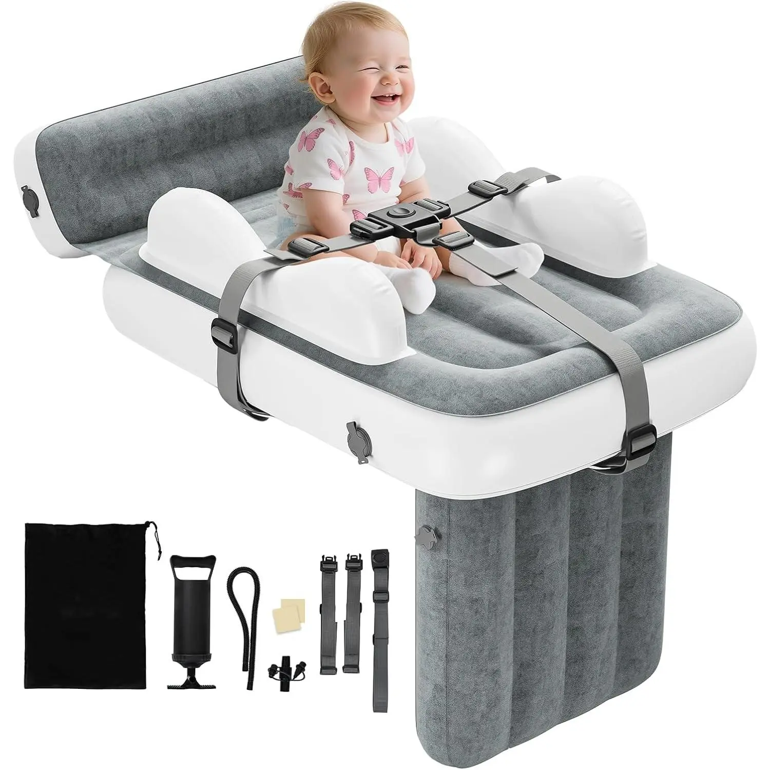 Inflatable Toddler & Kids Seat Extender, Airplane-Shape PVC Flocking Travel Footrest with Double-Layer Safety Guard, Narrow Seat Fit, Compact Fold, Portable Hand Pump Set & Carry Bag, Camping Sleeping Gear Solution