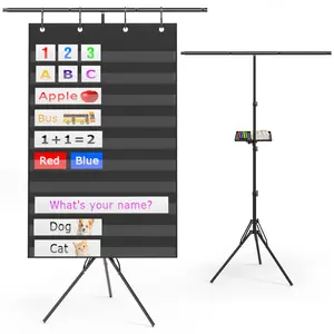 Pocket Chart Stand with Standard Pocket Chart, Height Adjustable Tripod Anchor Holder up to 62.99", 4 Anti-Drop S-Hooks, Teacher Supply Tray for Classroom & Homeschool